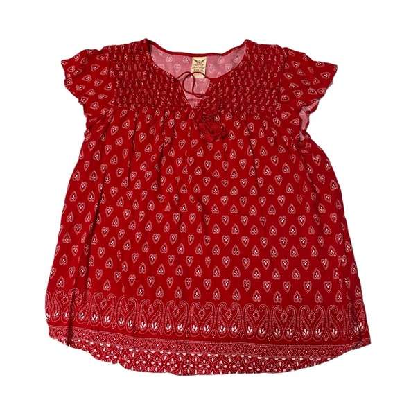 Faded Glory smocked flutter sleeve red white top L(12-14… - Picture 7 of 9